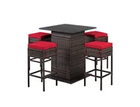 5 Pieces Patio Rattan Bar Table Stool Set Hidden Storage Shelf Cushioned