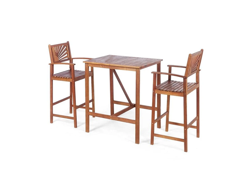 3 Pieces Acacia Wood Patio Bar Set with Sunflower Patterned Backrest