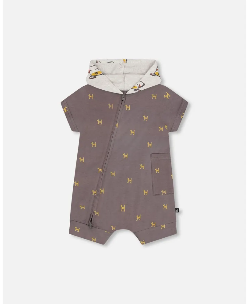 Deux par Baby Boys ganic Cotton Hooded Romper Dark Grey With Printed Pixel Dog