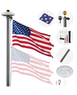 Ft Sectional Aluminum Flag Pole Kit with 111 Led Solar Light Us Flag Outdoor