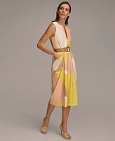 Donna Karan Women's V-Neck Sleeveless Belted Sheath Dress