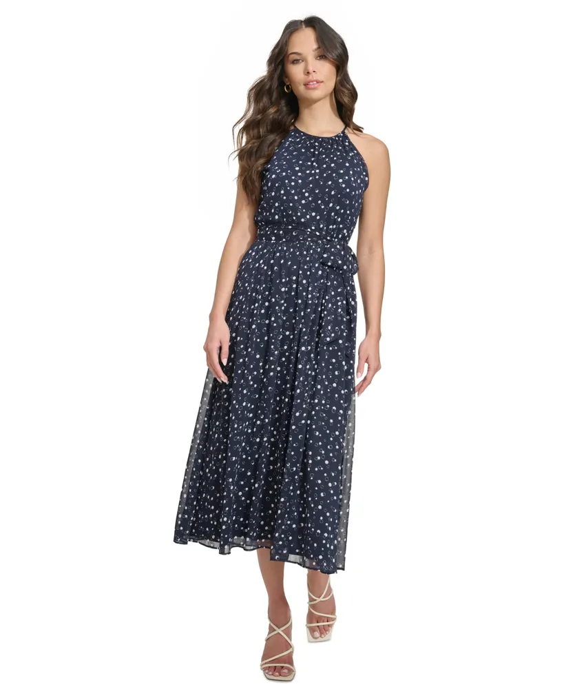 Dkny Women's Printed Chiffon Belted Halter Midi Dress