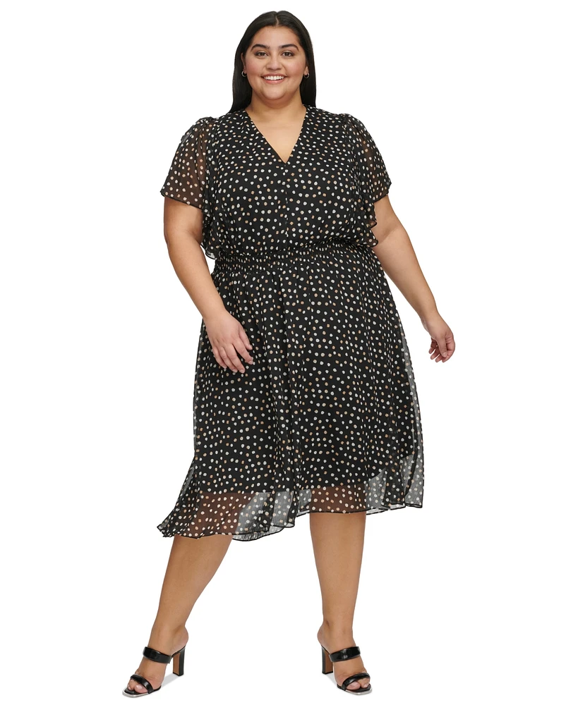Dkny Plus Dot-Print Crinkle-Chiffon Smocked Midi Dress