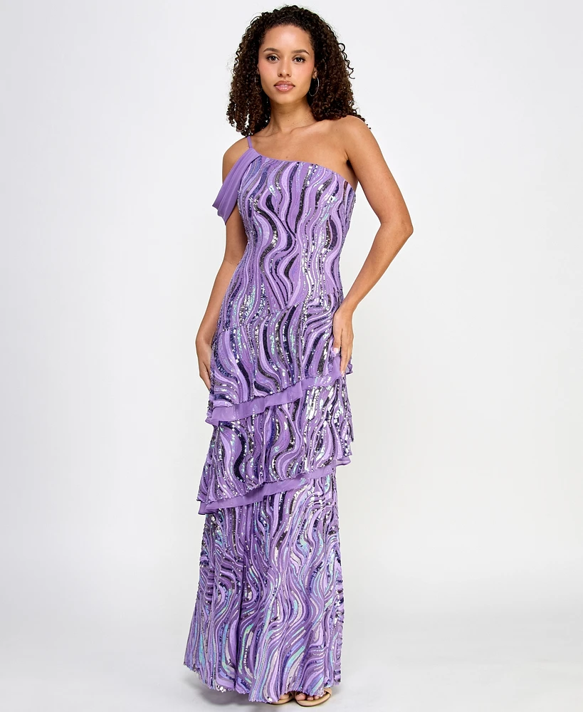 Morgan & Company Juniors' Sequin Embellished Tiered Asymmetric Gown