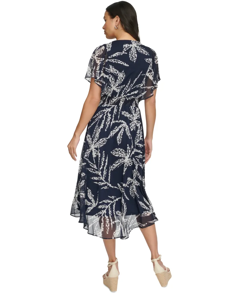 Dkny Women's Printed Chiffon Flutter-Sleeve Midi Dress