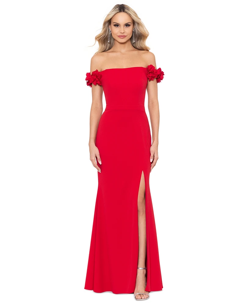 Xscape Petite Off-The-Shoulder Scuba Crepe Gown