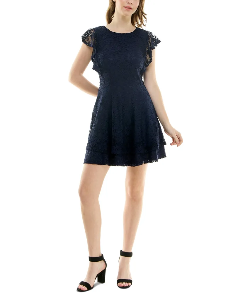 Crystal Doll Juniors' Ruffle-Sleeve Lace Dress