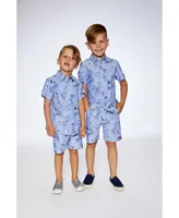 Boy Short Sleeve Chambray Shirt Blue Printed Beach