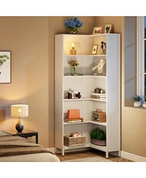 Tribe signs 71 inches Corner Bookcase, 6-Tiers L-Shaped Bookshelf, Industrial Corner Etagere Bookcase, Tall Storage Display Rack, Wooden Large Freesta