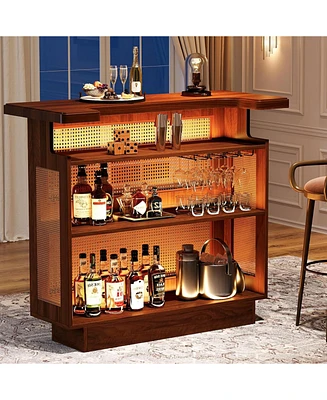 Tribesigns Rattan Home Bar Unit, Farmhouse 4-Tier Bar Table with 4 Stemware Racks and Heightened Base, Caramel Brown