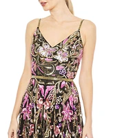 Women's V Neck Floral Embellished Spaghetti Strap Gown