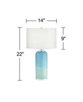 Nimbus Modern Accent Table Lamp 22" High with Led Nightlight Blue Art Glass Column White Drum Shade for Bedroom Living Room House Home Bedside Nightst