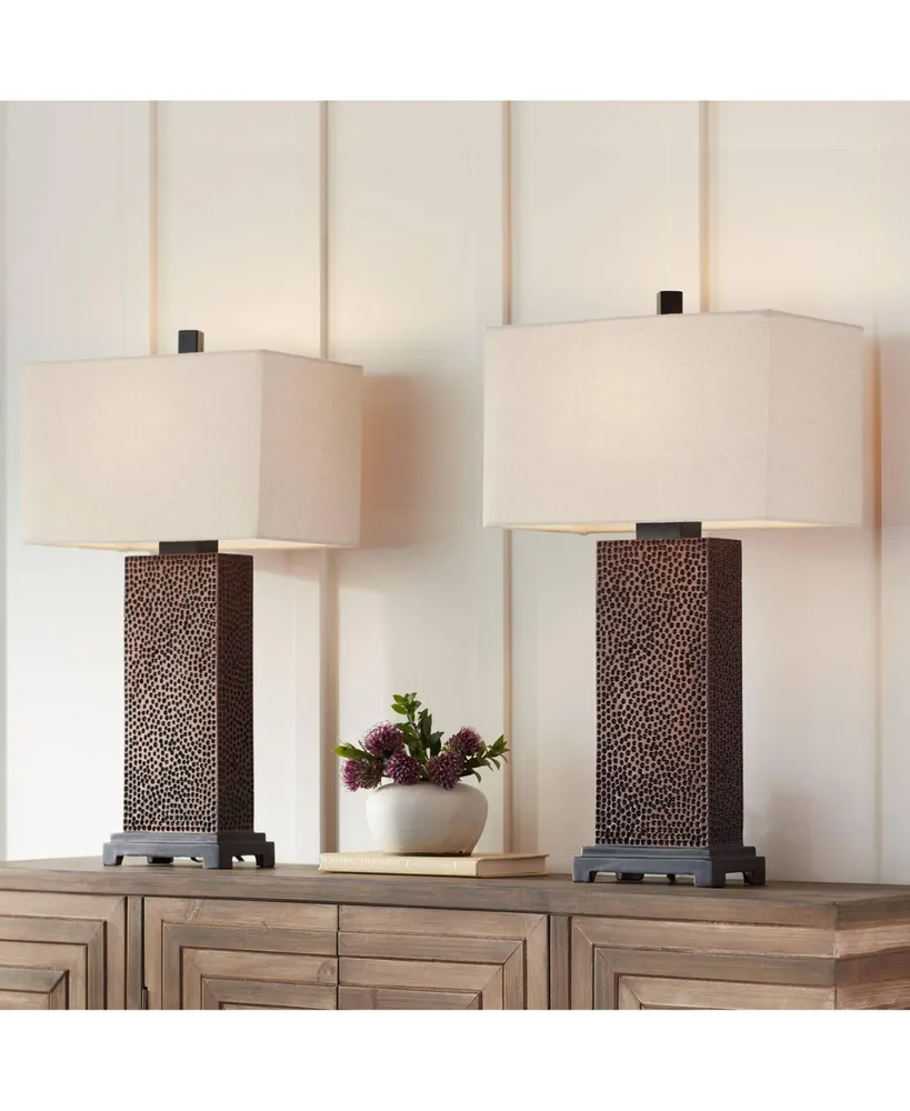 Caldwell Rustic Farmhouse Table Lamps 24.75" Tall Set of 2 Bronze Hammered Textured Fabric Rectangular Shade for Bedroom Living Room House Home Bedsid