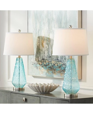 Dylan Coastal Modern Contemporary Style Table Lamps 27.5" Tall Full Size Set of 2 Transparent Blue Glass White Fabric Drum Shade for Living Room Bedro