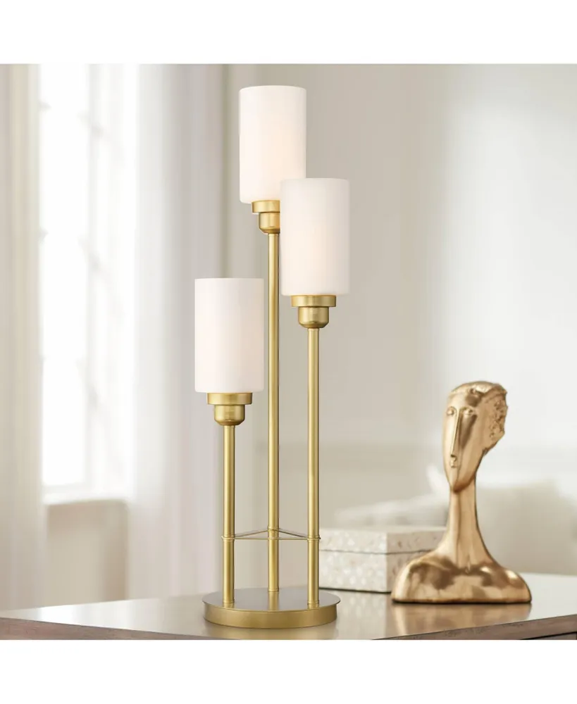 Malone Modern Glam Luxury Tree Table Lamp 30 1/2" Tall Brass Gold Metal 3-Light White Glass Cylinder Shades for Living Room Bedroom House Bedside Nigh