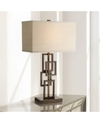 Kory Modern Industrial Table Lamp 26 1/2" High Dark Bronze Metal Sculptural Stacked Geometric Off White Linen Rectangular Shade for Bedroom Living Roo