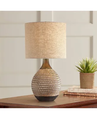 Emma Mid Century Modern Style Accent Table Lamp 21" High Brown Textured Wood Ceramic Oatmeal Fabric Drum Shade Decor for Living Room Bedroom House Bed