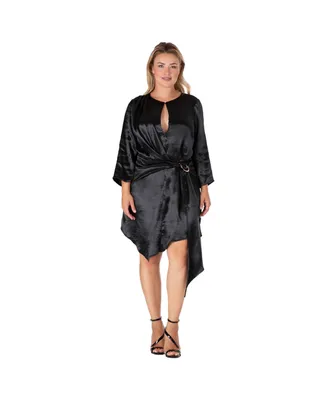 Women's Plus Long Sleeves Black Satin Mini Dress