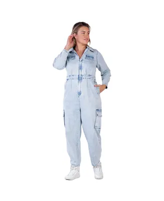 Women's Plus Long Sleeves Denim Cargo Jumpsuit