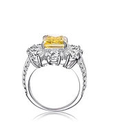 Sterling Silver White Gold Plated with Yellow Square Cubic Zirconia with Cubic Zirconia's Petals Flower Ring