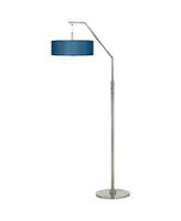 Modern Arc Floor Lamp Standing 71 1/2" Tall Brushed Nickel Silver Metal Blue Textured Faux Silk Fabric Shade Decor for Living Room Reading House Bedro