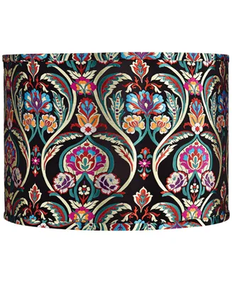 Multi-Color Embroidered Medium Drum Lamp Shade 15" Top x 15" Bottom x 11" High (Spider) Replacement with Harp and Finial - Springcrest