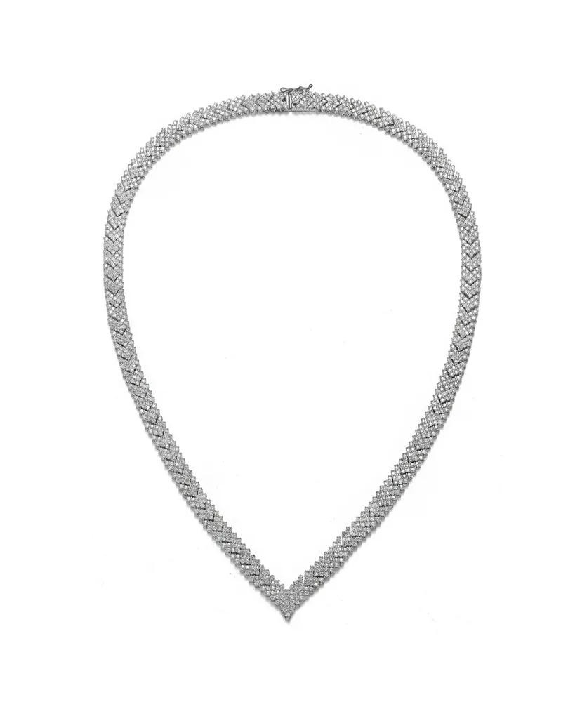 Sterling Silver with White Gold Plated Clear Round Cubic Zirconia Cluster Arrow Head Style Necklace