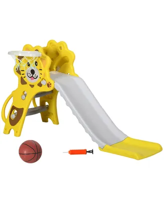 Qaba 2 in 1 Toddler Slide for Indoors, Easy Set Up Slide for Kids with Lion-Design, Toy Baby Slide with Basketball Hoop for Kids 18