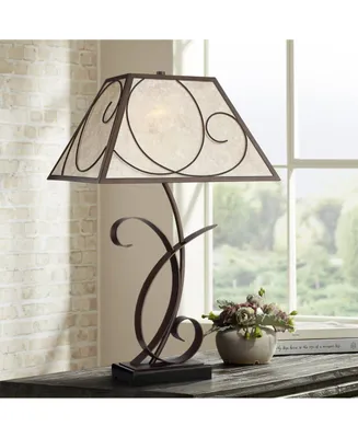 Teri Rustic Farmhouse Table Lamp 27" Tall Vintage like Brown Scroll Metal Light Mica Tapered Rectangular Shade for Bedroom Living Room House Home Beds