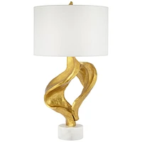 Hera Modern Glam Luxury Table Lamp Decor 31" Tall Sculptural Gold Leaf White Fabric Drum Shade Marble Base for Living Room Bedroom House Bedside Night