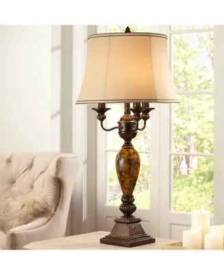 Mulholland Traditional Vintage like Table Lamp 37" Tall Bronze Golden Marbleized White Bell Shade Decor for Living Room Bedroom House Bedside Nightsta