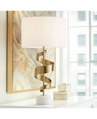 Modern Luxe Table Lamp 30 3/4" Tall Sculptural Gold Ribbon Wave Metal White Fabric Drum Shade Decor for Living Room Bedroom House Bedside Nightstand H