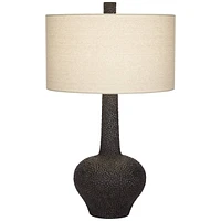 Lukas Mid Century Modern Table Lamp 27" Tall Black Pebbled Pattern White Cream Fabric Drum Shade Decor for Living Room Bedroom House Bedside Nightstan