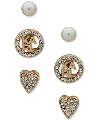 Karl Lagerfeld Paris Gold-Tone 3-Pc. Set Pave Heart, Logo & Imitation Pearl Stud Earrings