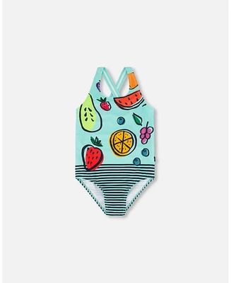 Girl One Piece Swimsuit Baby Blue Printed Fruits
