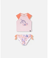 Girl Two Piece Rash guard Swimsuit Lavender Printed Fields Flowers - Child