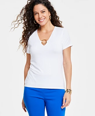 I.n.c. International Concepts Women's O-Ring Short-Sleeve Keyhole Top, Created for Macy's