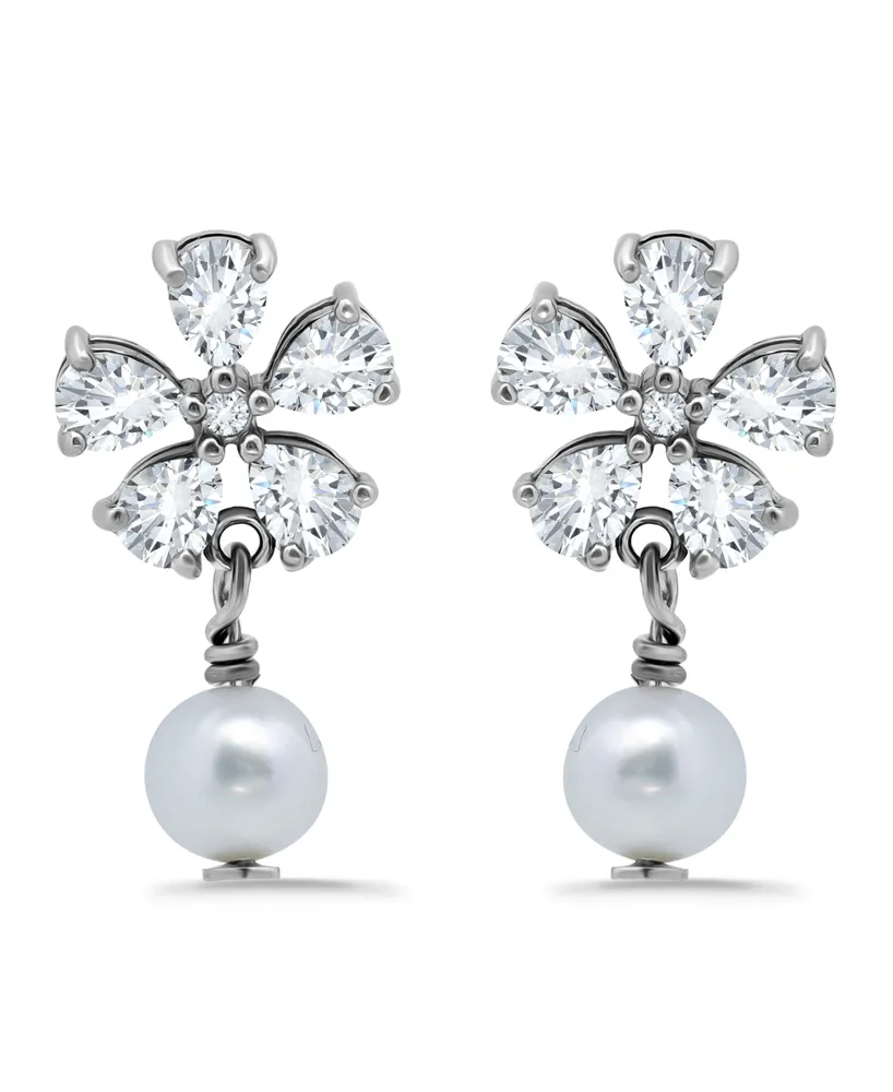Macy's White Cultured Pearl and Cubic Zirconia Floral Top Drop Earring