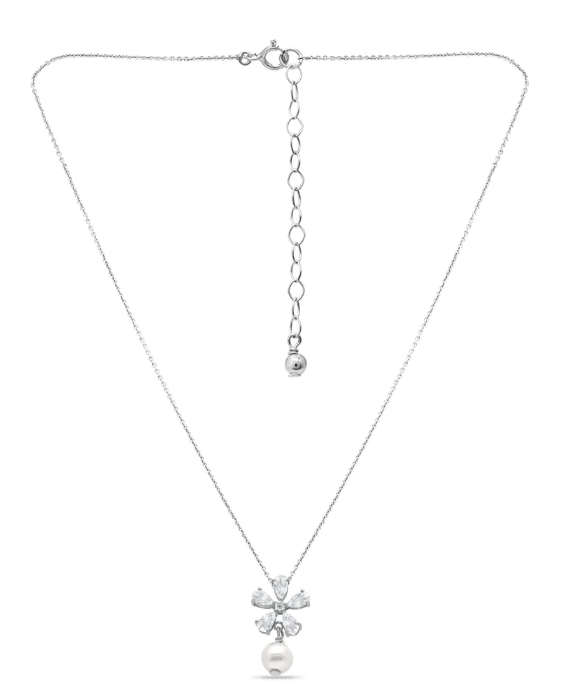 Macy's White Cultured Pearl and Cubic Zirconia Floral Pendant Necklace