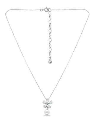 Macy's White Cultured Pearl and Cubic Zirconia Floral Pendant Necklace