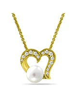 Macy's White Cultured Pearl and Cubic Zirconia Pave Heart Pendant Necklace