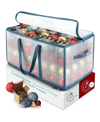 Large Christmas Ornament Storage Box with Adjustable Dividers - Holds 128 Ornaments or Decorations