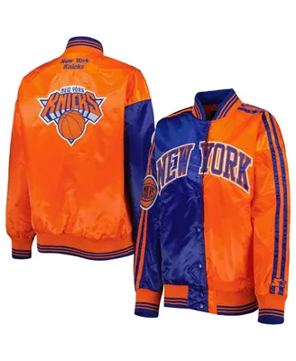 Women's Starter Blue, Orange New York Knicks Split Colorblock Satin Full-Snap Varsity Jacket