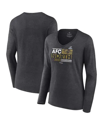 Women's Fanatics Heather Charcoal Baltimore Ravens 2023 Afc North Division Champions Conquer Long Sleeve V-Neck T-shirt