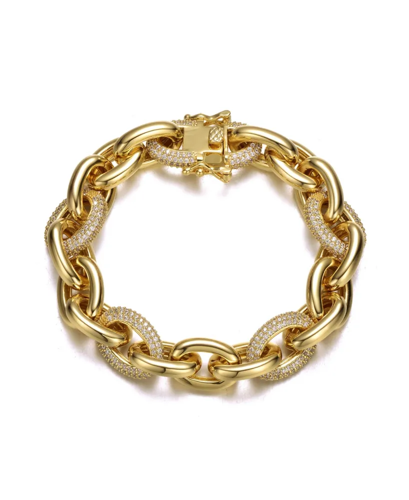 Men's 14k Yellow Gold Plated with Cubic Zirconia Chunky Tubular Oval Cable Chain Bracelet