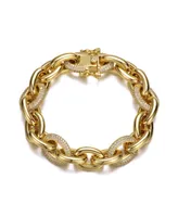 Men's 14k Yellow Gold Plated with Cubic Zirconia Chunky Tubular Oval Cable Chain Bracelet