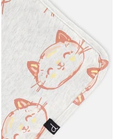 Baby Girl Organic Cotton Blanket Heather Beige With Printed Cat - Infant|Toddler