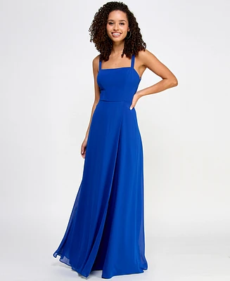 City Studios Juniors' Straight-Neck Lace-Back Chiffon Skater Gown
