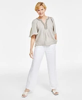 Charter Club Women's 100% Linen Embellished Split-Neck Top, Created for Macy's