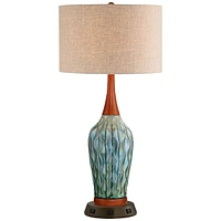 Rocco Mid Century Modern Table Lamp with Usb and Ac Power Outlet Workstation Charging Base Handmade 30" Tall Blue Ceramic Tan Drum Shade for Living Ro